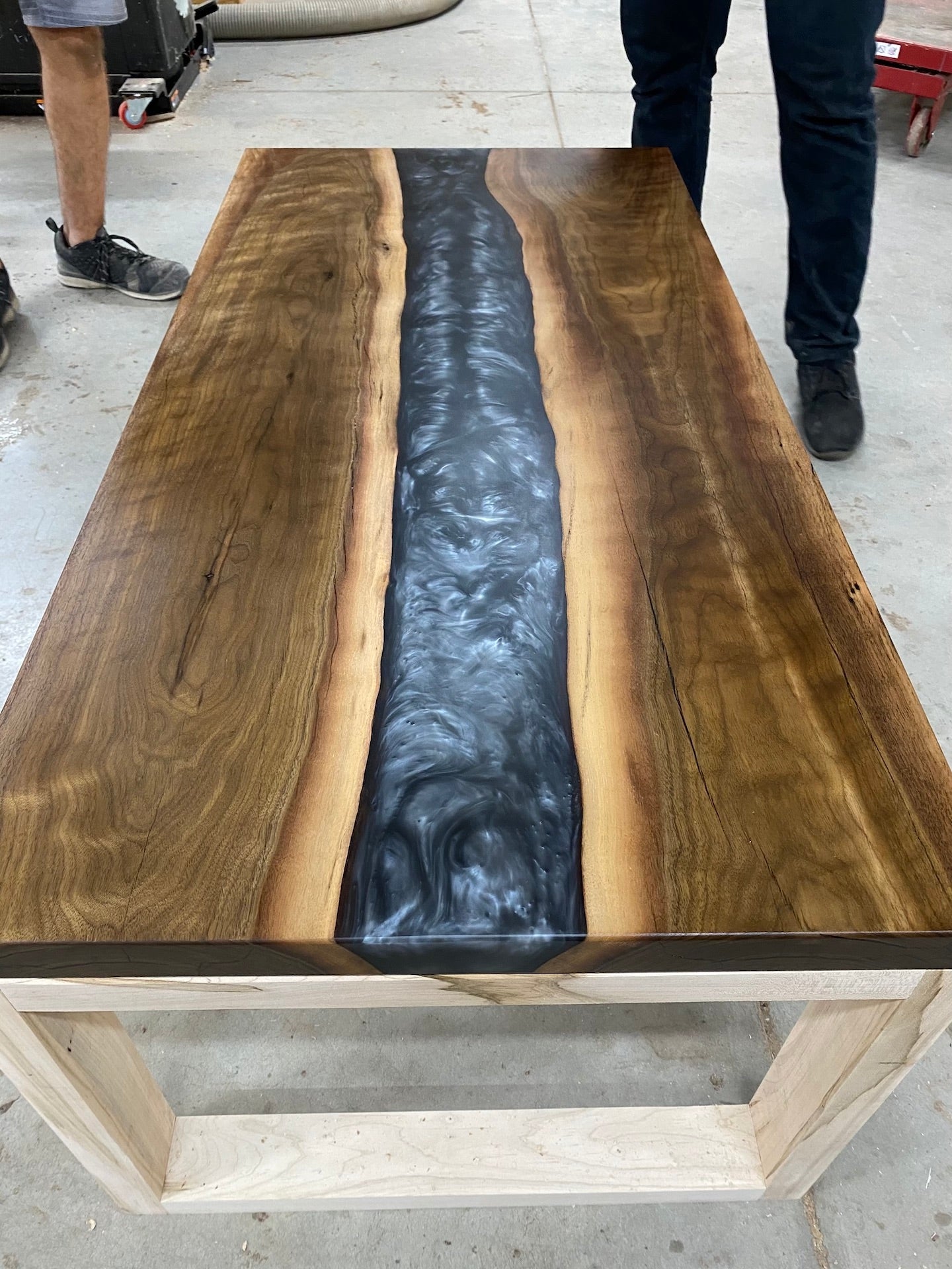 Olive Wood Coffee Table with Slate Blue Epoxy River Encasement